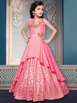 Rose Pink Paper Silk & Foil Silk Zardoshi With Emblised Ment Moti Work Girls Gown