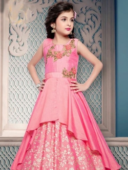 Rose Pink Paper Silk & Foil Silk Zardoshi With Emblised Ment Moti Work Girls Gown