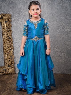 Murpich Blue Paper SILK & Embossing Sheet Zardoshi With Emblised Ment Moti Work Girls Gown
