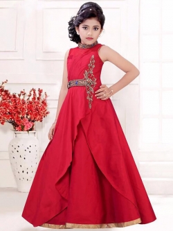 Rose Red Banarasi Silk  Gold Zardoshi With Wayn Stoan Work Girls Gown