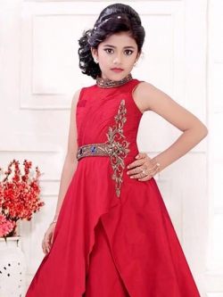 Rose Red Banarasi Silk  Gold Zardoshi With Wayn Stoan Work Girls Gown