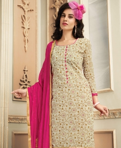 Brown Chanderi Cotton Printed Chudidhar Suits