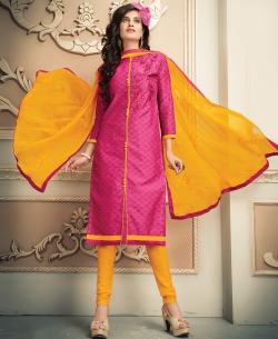 Pink Chanderi Cotton Printed Chudidhar Suits