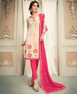 Off White Chanderi Cotton Printed Chudidhar Suits