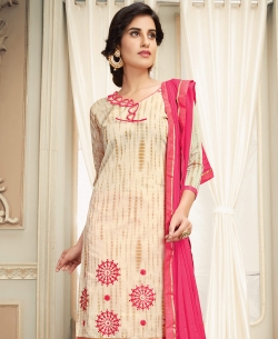 Off White Chanderi Cotton Printed Chudidhar Suits