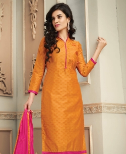 Orange Chanderi Cotton Printed Chudidhar Suits