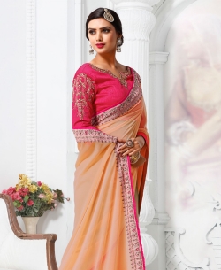 Peach Faux Georgette Thread Embroidered, Lace Border Designer Sarees