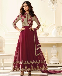 Wine Art Silk & Georgette Thread Embroidery, Stone Work Anarkali Suits