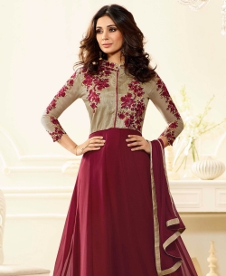 Wine Art Silk & Georgette Thread Embroidery, Stone Work Anarkali Suits