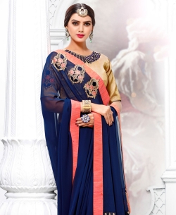 Blue Georgette Thread, Zari Embroidered, Patch Work, Lace Border Designer Sarees