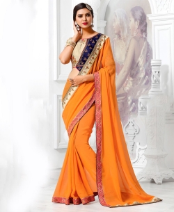 Orange Georgette Thread Embroidered Border Designer Sarees