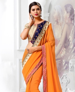 Orange Georgette Thread Embroidered Border Designer Sarees