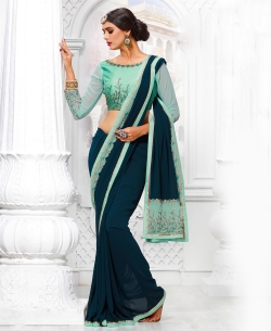 Blue Georgette Sequins, Thread Work, Lace Border Designer Sarees