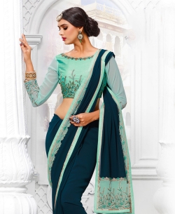 Blue Georgette Sequins, Thread Work, Lace Border Designer Sarees
