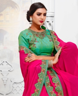 Pink Georgette Thread And Zari Embroidered Border Designer Sarees