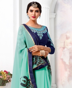 Blue Georgette Thread, Zari Embroidered, Patch Work, Lace Border Designer Sarees