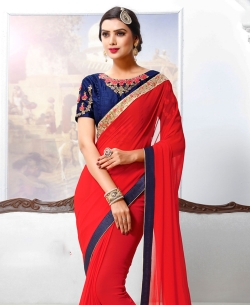 Red Georgette Thread Embroidered Border Designer Sarees