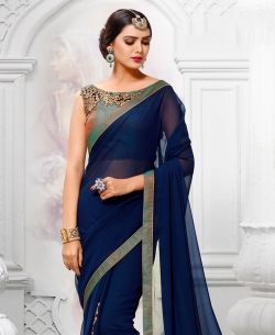 Blue Georgette Zari Embroidered, Lace Border Designer Sarees