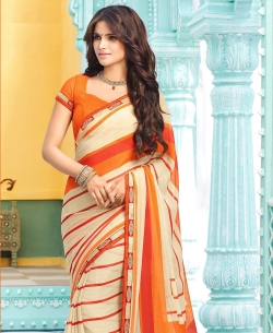 Cream Chiffon Printed, Lace Border Regular Sarees