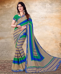 Beige Chiffon Printed, Lace Border Regular Sarees