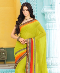 Green Chiffon Printed, Lace Border Regular Sarees