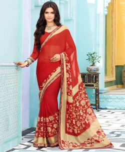 Red Chiffon Printed, Lace Border Regular Sarees