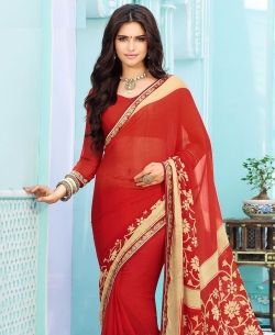 Red Chiffon Printed, Lace Border Regular Sarees
