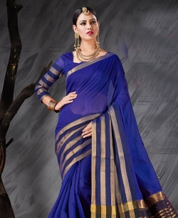 Blue Cotton Silk Jacquard Traditional Sarees