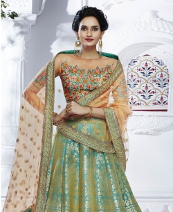 Beige Net Thread Embroidered A Line Lehengas