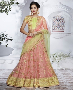 Green Dupion Zari, Thread Work A Line Lehengas