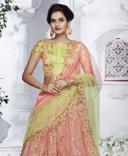 Green Dupion Zari, Thread Work A Line Lehengas