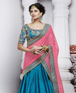 Blue Dupion Zari Embroidered A Line Lehengas