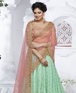 Peach Dupion Zari Work A Line Lehengas