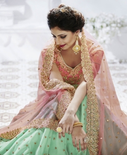 Peach Dupion Zari Work A Line Lehengas