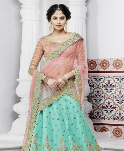 Peach Dupion Zari Embroidered A Line Lehengas