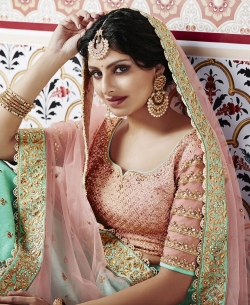Peach Dupion Zari Embroidered A Line Lehengas
