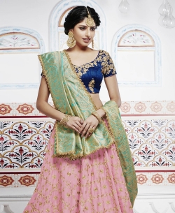 Blue Dupion Zari Embroidered A Line Lehengas