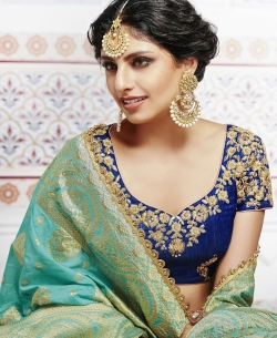 Blue Dupion Zari Embroidered A Line Lehengas