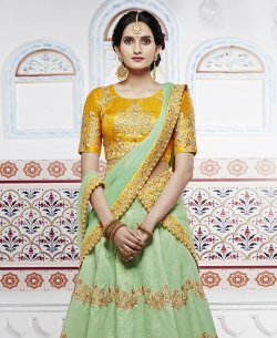 Mustard Raw Silk Zari Embroidered A Line Lehengas