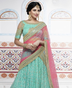 Blue Dupion Zari Embroidered A Line Lehengas