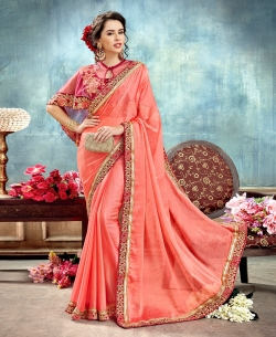 Peach Chiffon Lace Border Designer Sarees