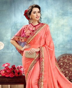 Peach Chiffon Lace Border Designer Sarees