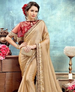 Beige Chiffon Lace Border Designer Sarees