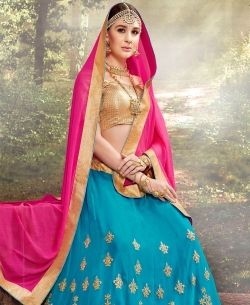 Beige And Blue Gota Silk Jacquard, Embroidery A Line Lehengas