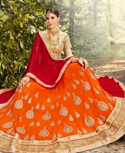 Beige And Orange Gota Silk Jacquard, Embroidery A Line Lehengas