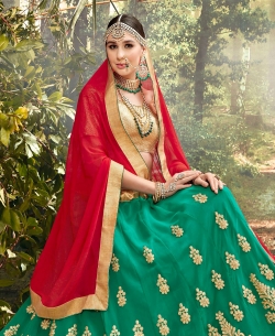 Beige And Green Gota Silk Jacquard, Embroidery A Line Lehengas