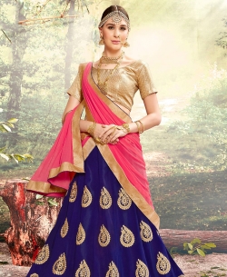 Beige And Blue Gota Silk Jacquard, Embroidery A Line Lehengas
