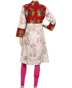 Cream And Red Kalamkari Dhabu Cotton Kalamkari A Line Kurtis
