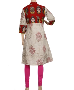 Cream And Red Kalamkari Dhabu Cotton Kalamkari A Line Kurtis
