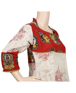 Cream And Red Kalamkari Dhabu Cotton Kalamkari A Line Kurtis